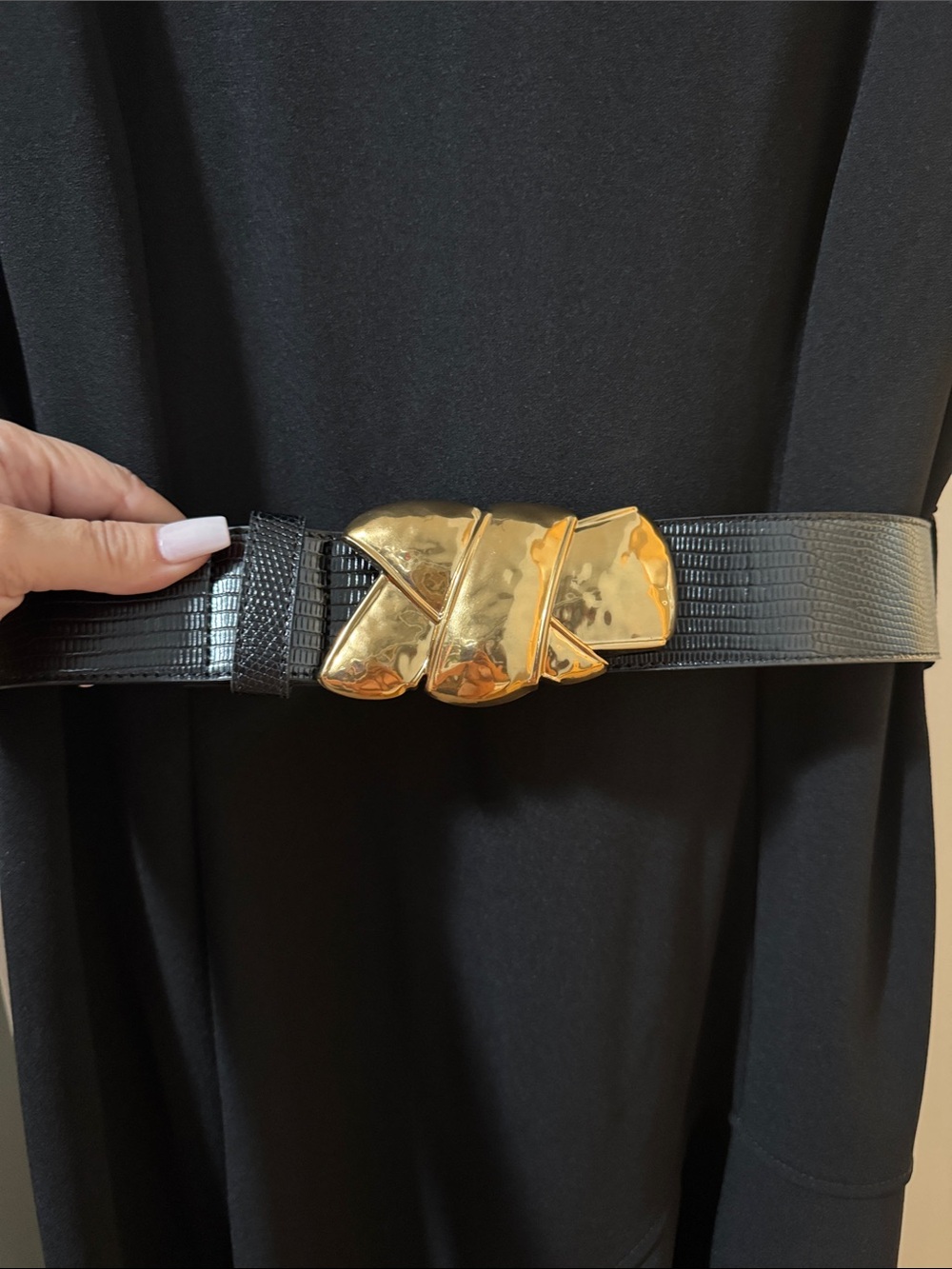 Donna Karan Black Asymmetrical Dress with Gold Buckle Detail - Picture 2 of 4